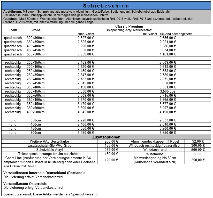 Schiebeschirm Preisliste 2025