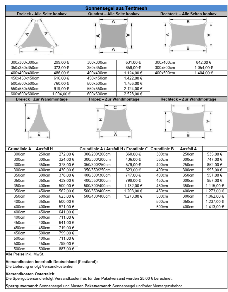 Tentmesh-Sonnensegel-Preisliste
